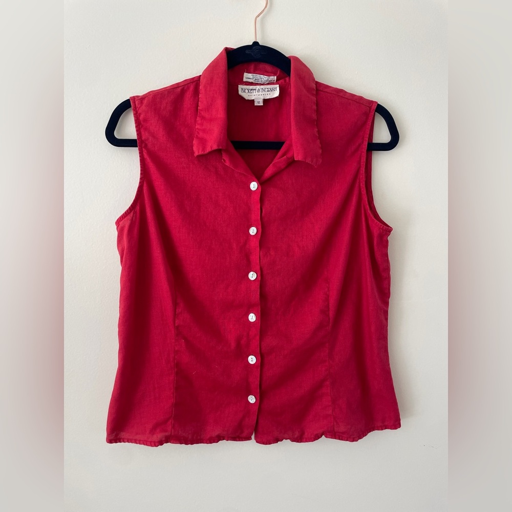 100% Linen Red Vintage Minimalist Italian Summer Old Money Button Down Blouse 12